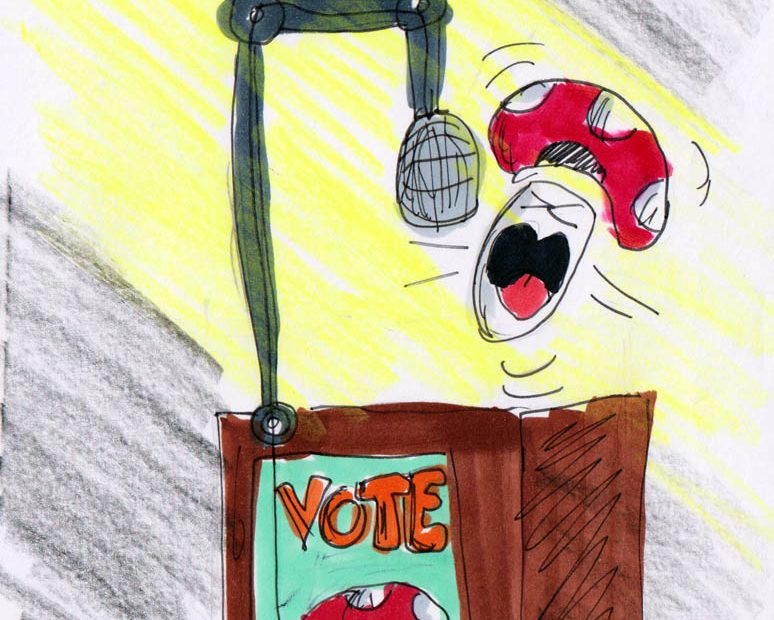 Cartoon: Pilz an Rednerpult spricht in Mikrophone