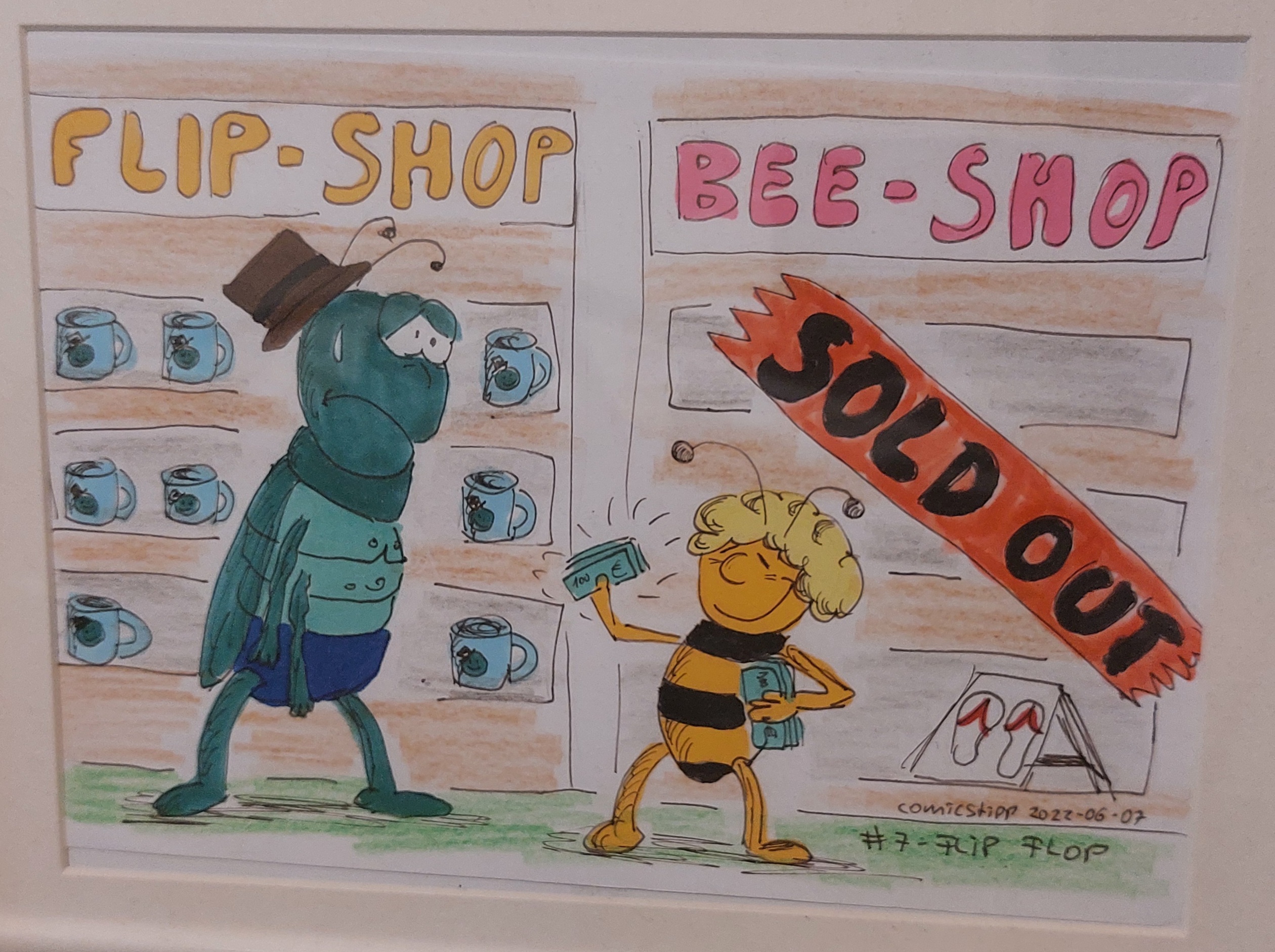 Flip Flop Im Hintergrund sieht man ein Regal mit der Überschrift "Flip-Shop". Im Vordergrund, links ist der Grashüpfer Flip, der Tassen mit seinem Bild verkaufen möchte. Auf der rechten Seite ist ein leeres Regal mit der Überschrift "Bee-Shop". Im Vordergrund steht Biene Maja, die Flip Flops anbietet. Bei ihr ist alles ausverkauft! Daher ist Flips-Shop ein "Flip Flop"